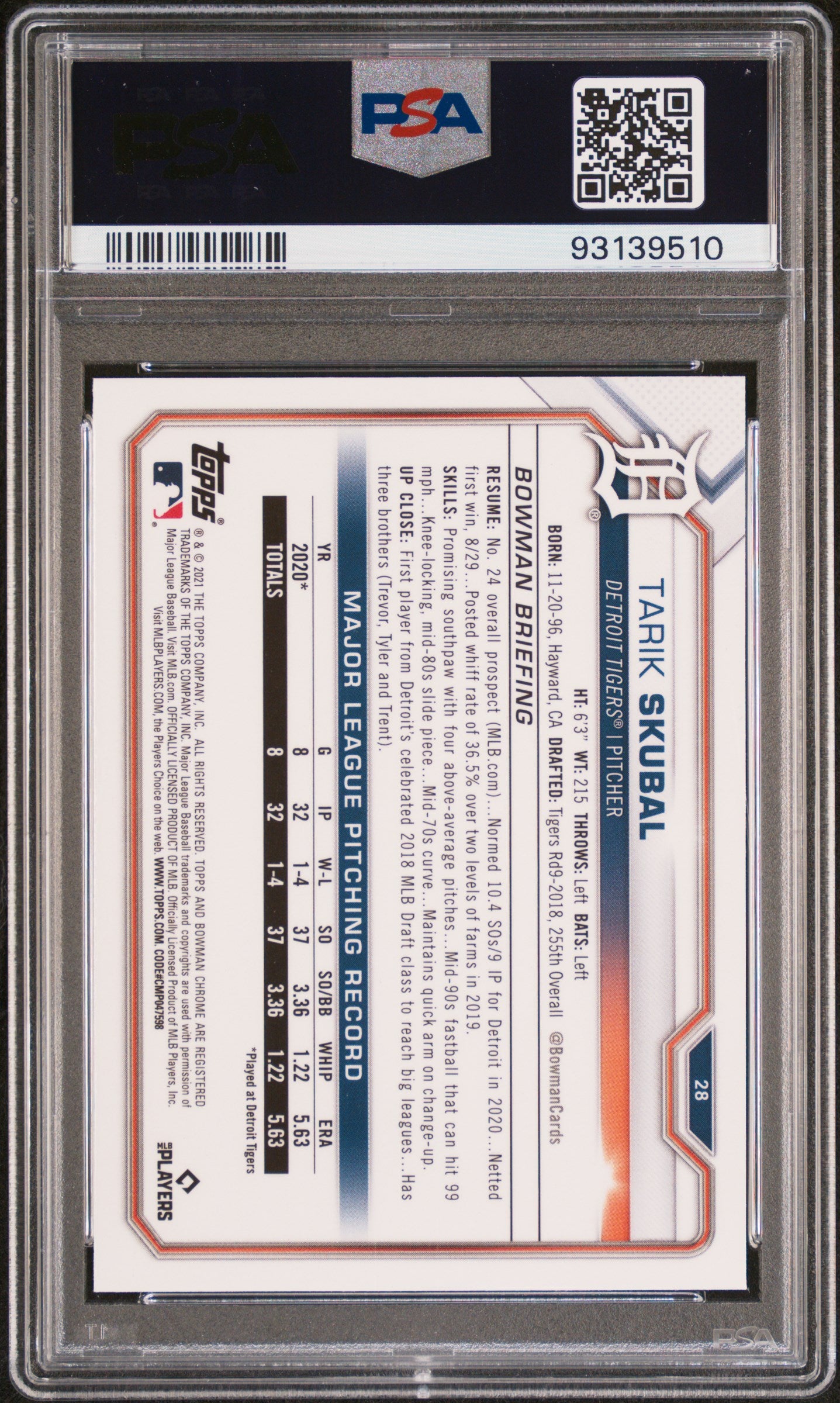 Graded 2021 Topps Bowman Chrome Tarik Skubal #28 Rookie RC Baseball Card PSA 10 Gem Mint