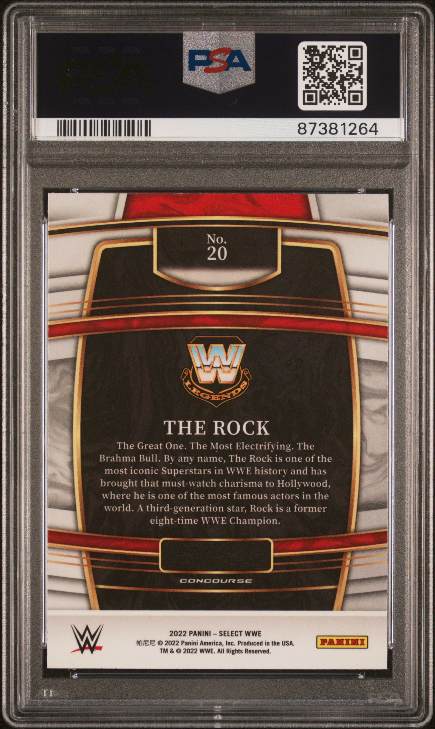 Graded 2022 Panini Select WWE The Rock #20 Red & Blue Wrestling Card PSA 10 Gem Mint