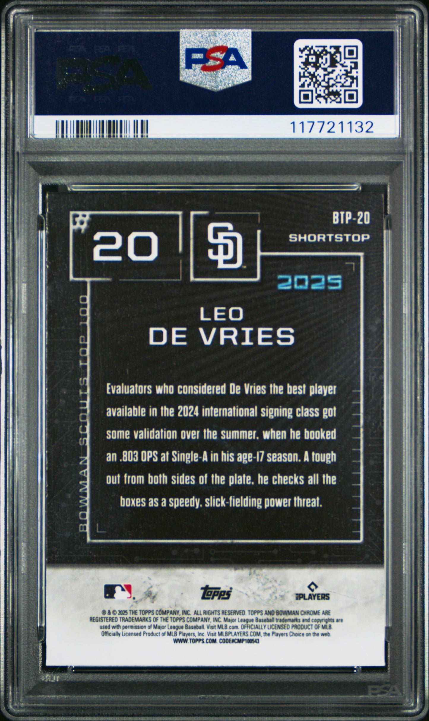 Graded 2025 Topps Bowman Leo De Vries #BTP20 Scouts Top 100 Rookie RC Baseball Card PSA 10 Gem Mint