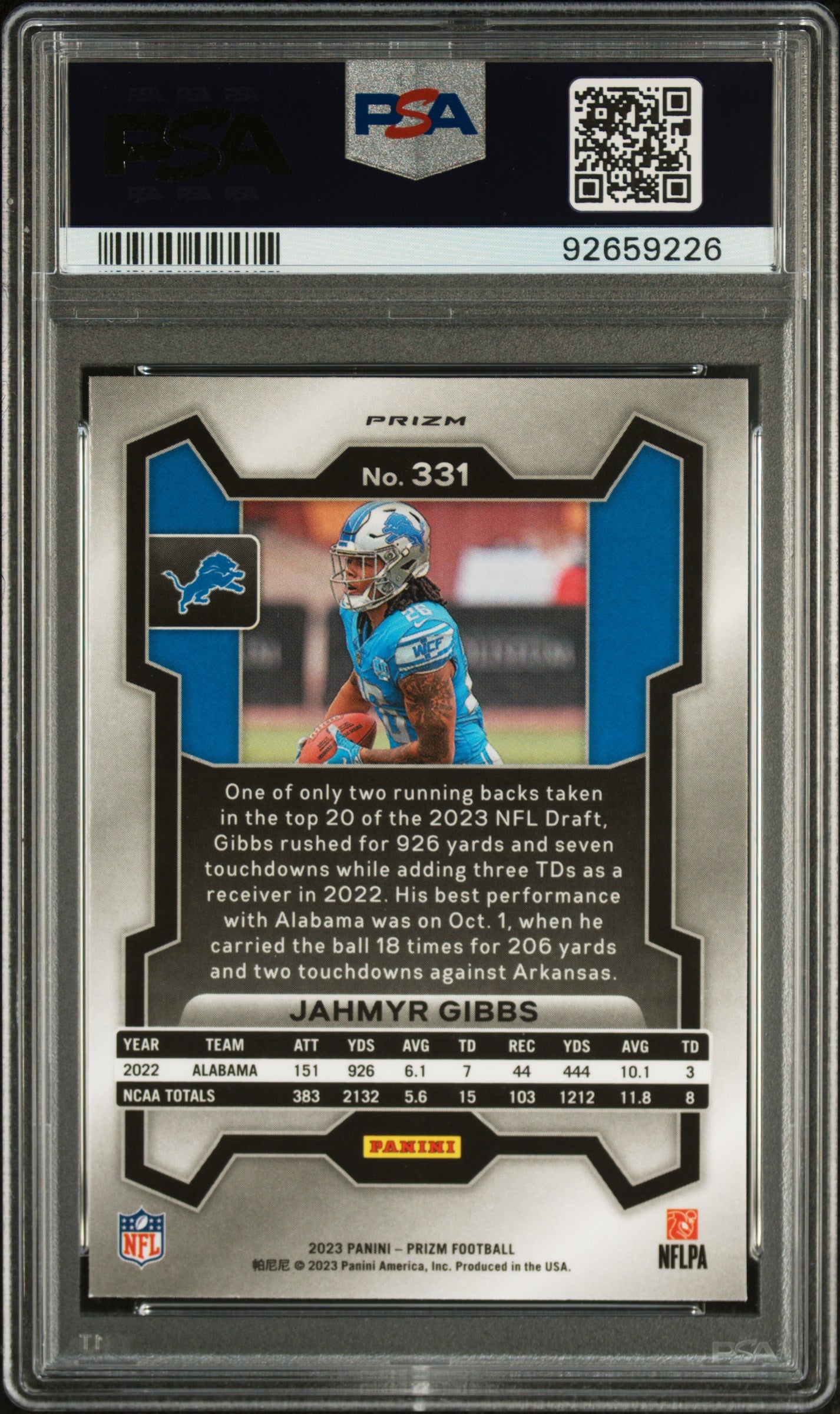 Graded 2023 Panini Prizm Jahmyr Gibbs #331 Lazer Rookie RC Football Card PSA 10 Gem Mint