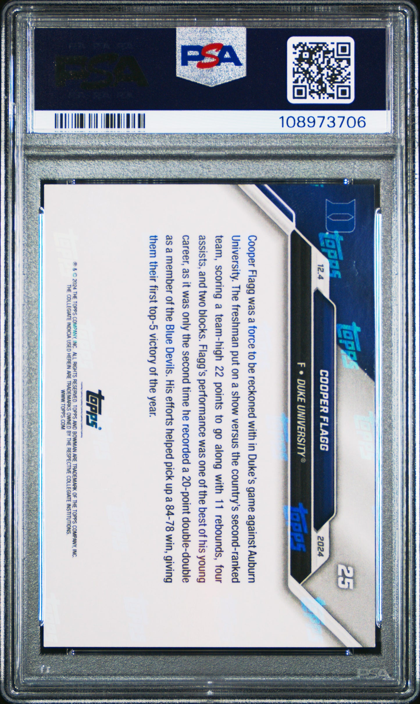 Graded 2024 Topps Bowman U Now Cooper Flagg #25 Rookie RC Basketball Card PSA 9 Mint