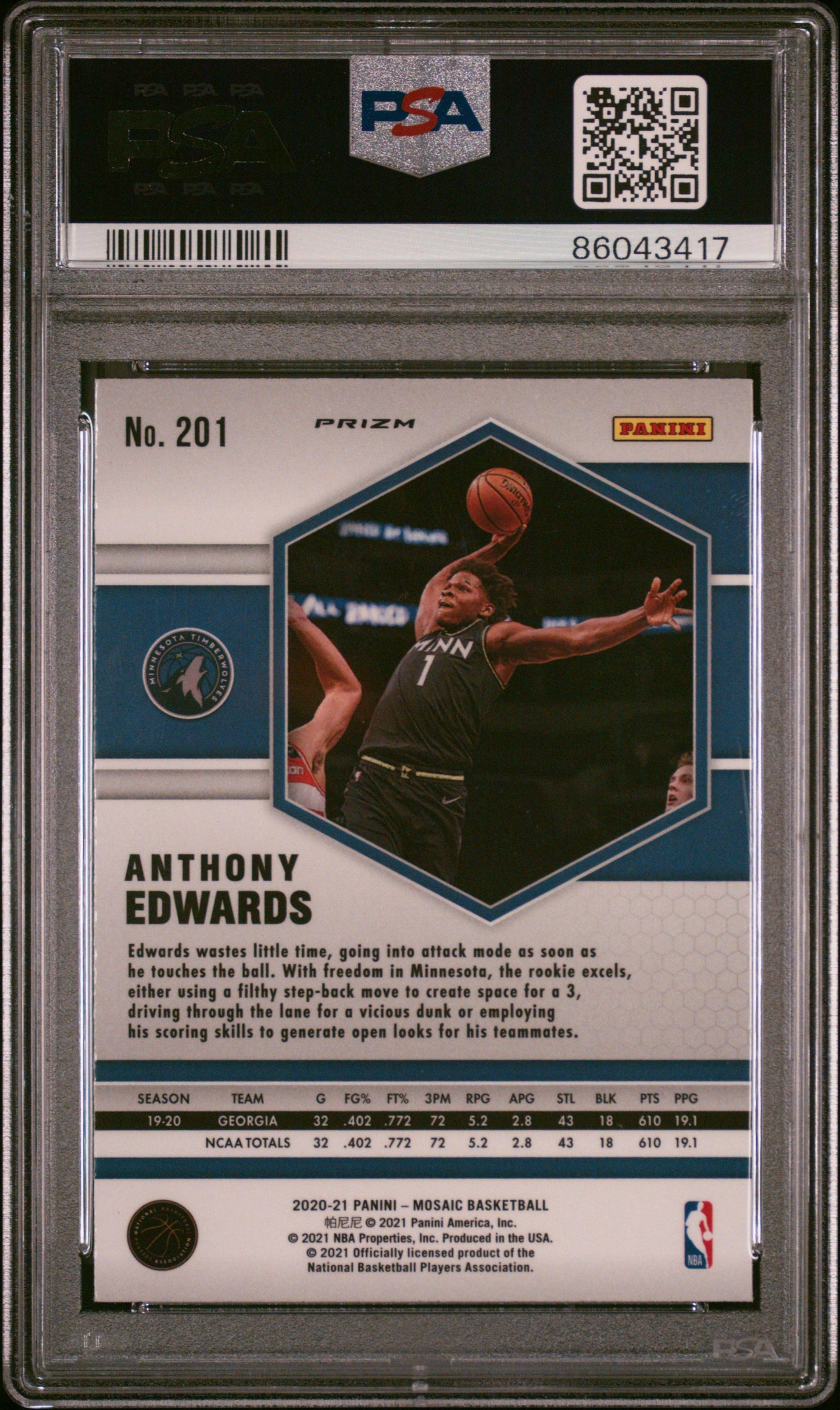 Graded 2020-21 Panini Mosaic Anthony Edwards #201 Reactive Blue Rookie RC Basketball Card PSA 10 Gem Mint
