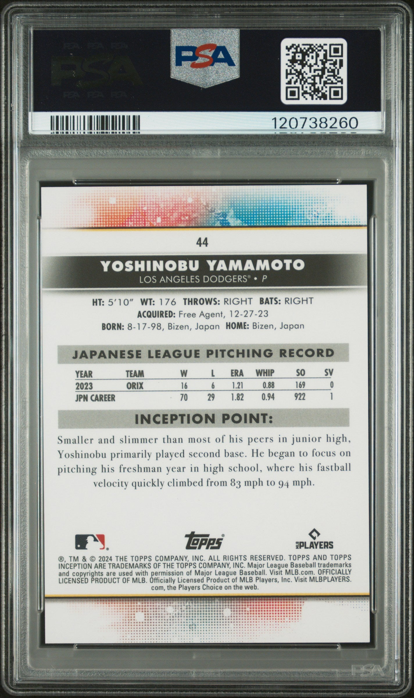 Graded 2024 Topps Inception Yoshinobu Yamamoto #44 Rookie RC Baseball Card PSA 10 Gem Mint
