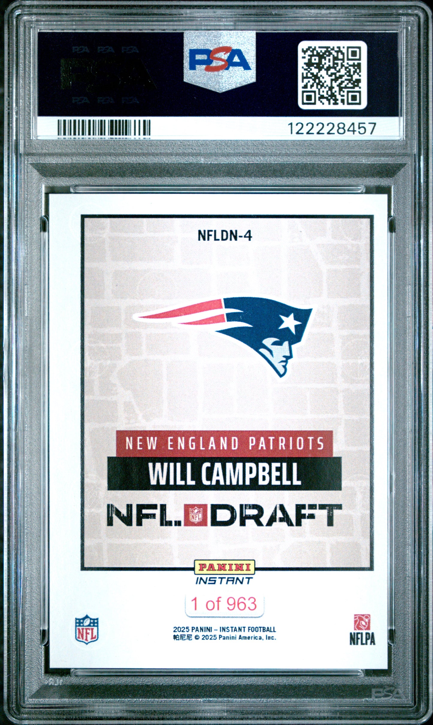 Graded 2025 Panini Instant Will Campbell #NFLDN4 NFL Draft Night Rookie RC Football Card PSA 9 Mint