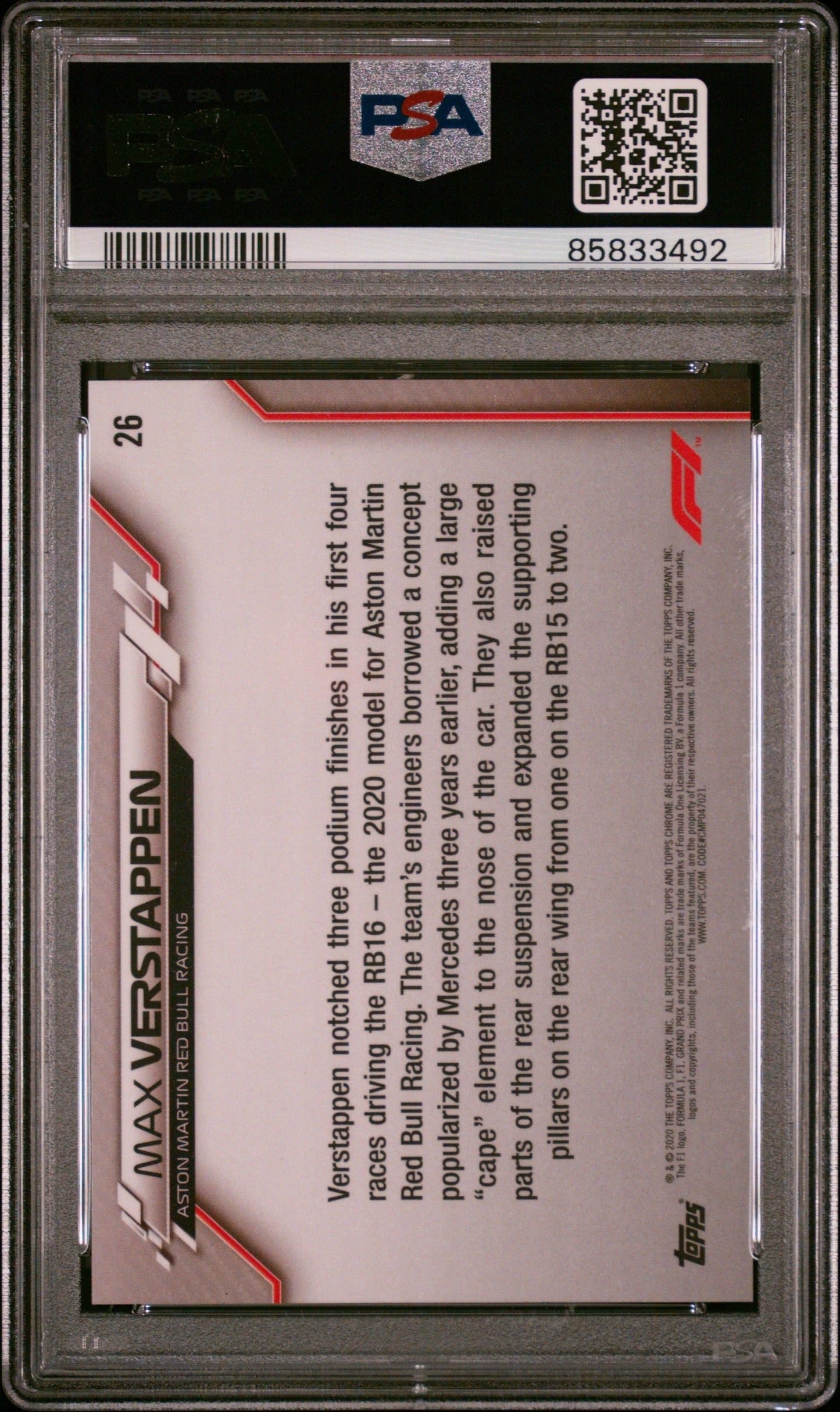 Graded 2020 Topps Chrome F1 Max Verstappen #26 Sapphire Edition F1 Racing Card PSA 10 Gem Mint
