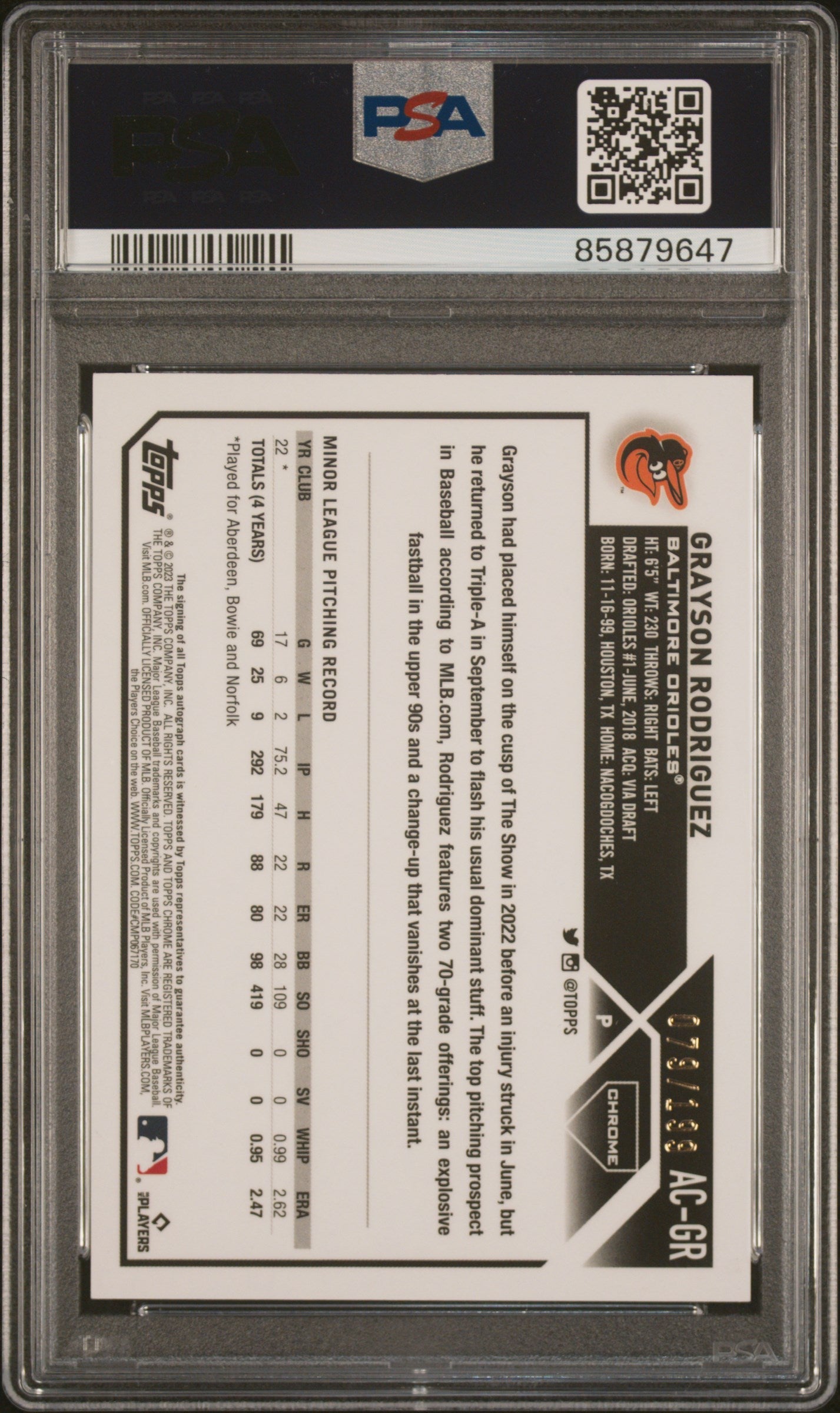 Graded 2023 Topps Chrome Update Grayson Rodriguez #ACGR Autograph Aqua Wave #/199 Rookie RC Baseball Card PSA 10 Gem Mint