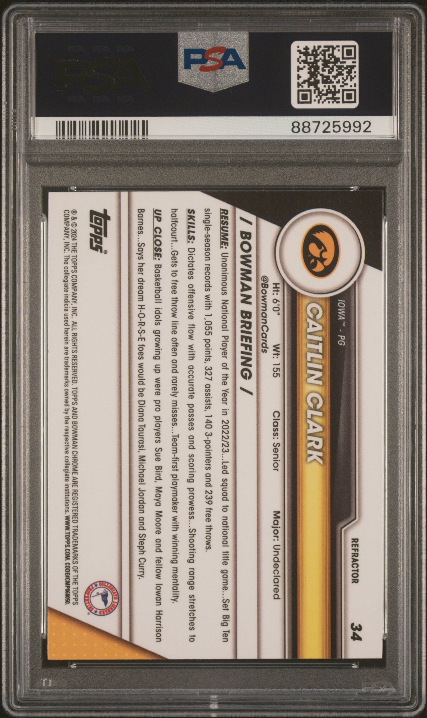 Graded 2023 Topps Bowman U Chrome Caitlin Clark #34 Refractor Rookie RC Basketball Card PSA 10 Gem Mint