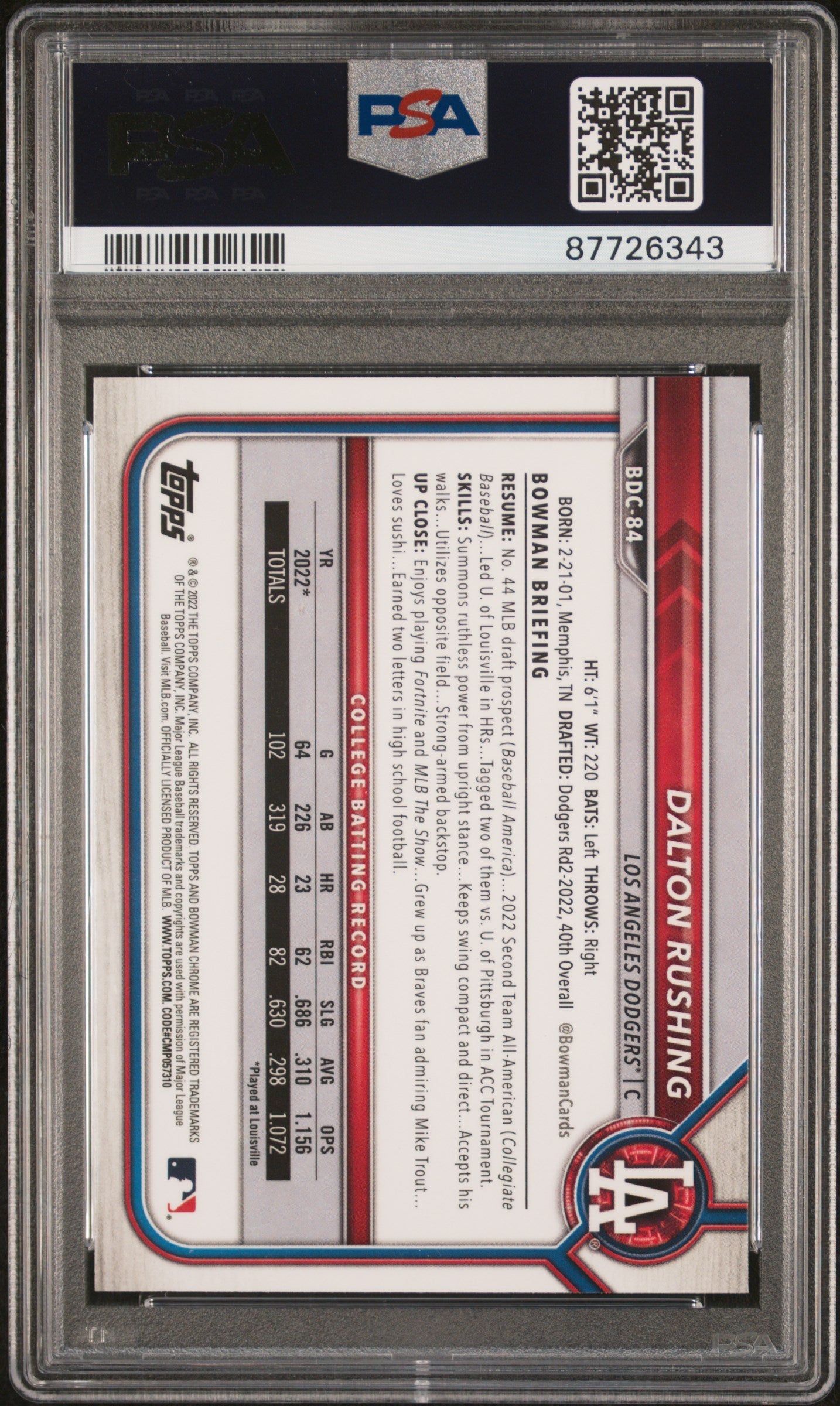 Graded 2022 Topps Bowman Draft Dalton Rushing #BDC84 Chrome Rookie RC Baseball Card PSA 10 Gem Mint