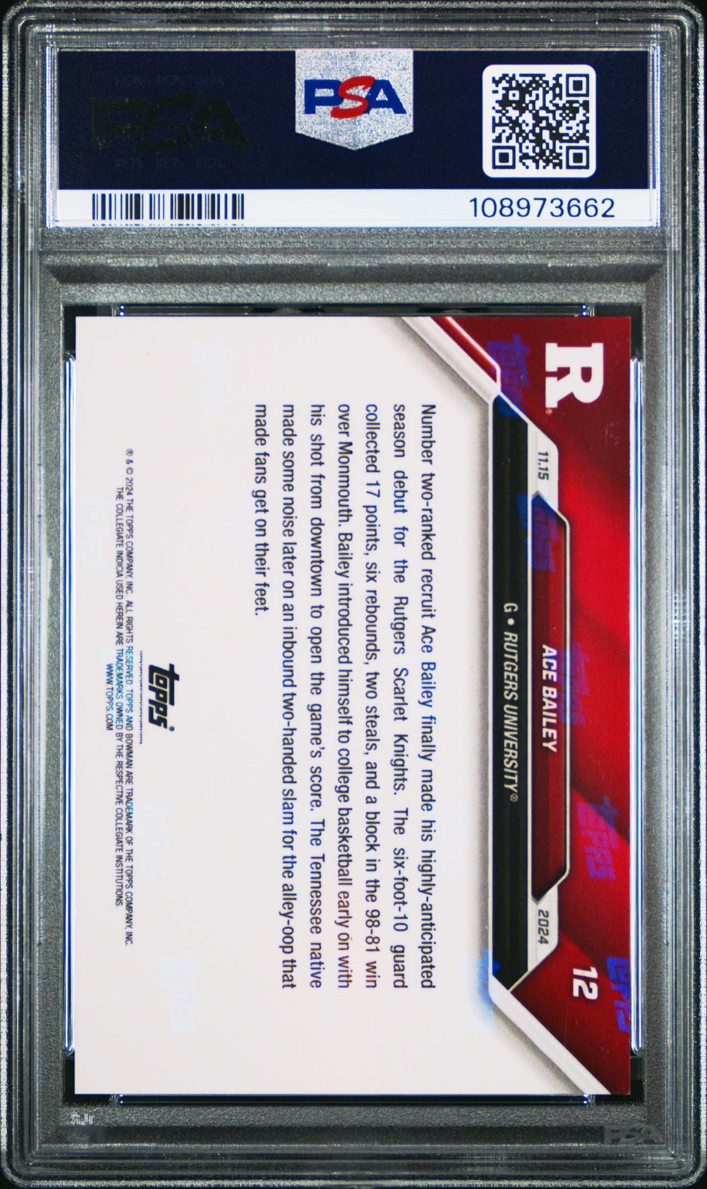 Graded 2024 Topps Bowman U Now Ace Bailey #12 Rookie RC Basketball Card PSA 9 Mint
