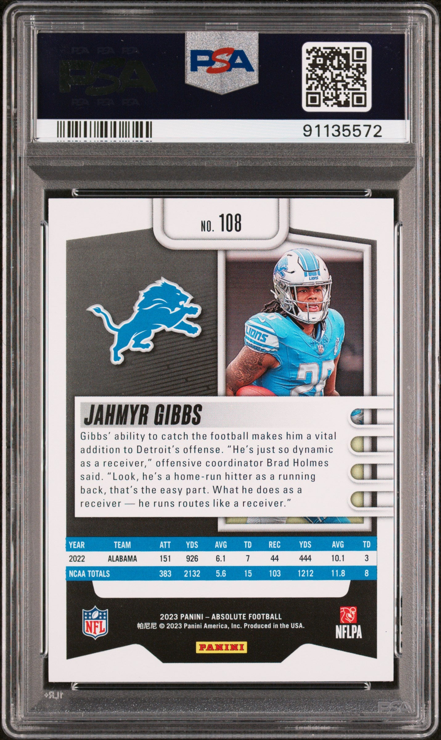 Graded 2023 Panini Absolute Jahmyr Gibbs #108 Rookie RC Football Card PSA 10 Gem Mint