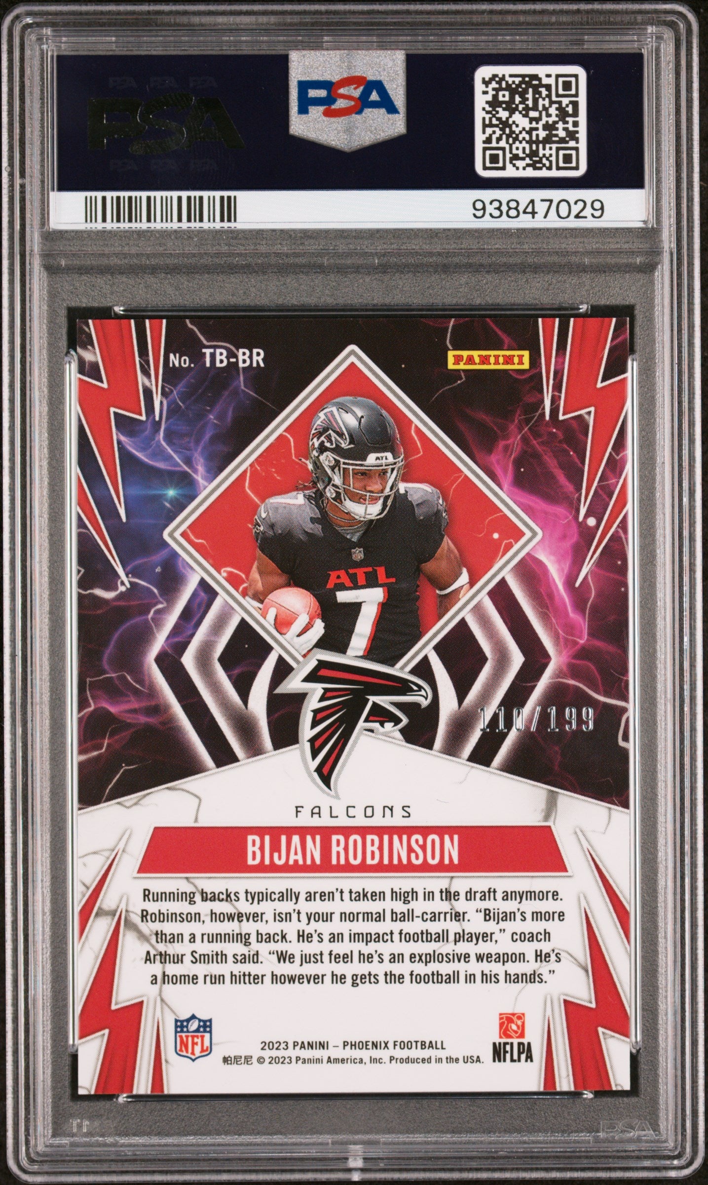 Graded 2023 Panini Phoenix Bijan Robinson #TBBR Thunderbirds Red /199 Rookie RC Football Card PSA 10 Gem Mint