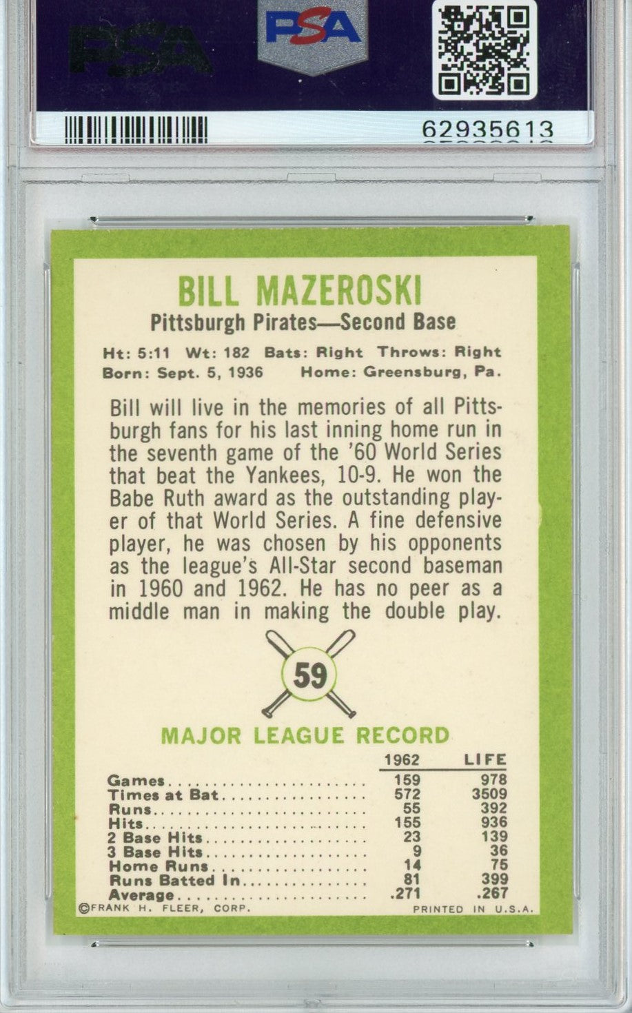 Graded 1963 Fleer Bill Mazeroski #59 Baseball Card PSA 7 Near Mint