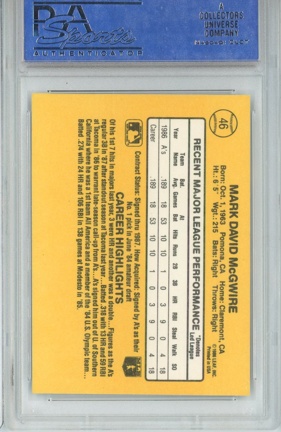 Graded 1987 Donruss Mark McGwire #46 Rated Rookie RC Baseball Card PSA 8 Near Mint