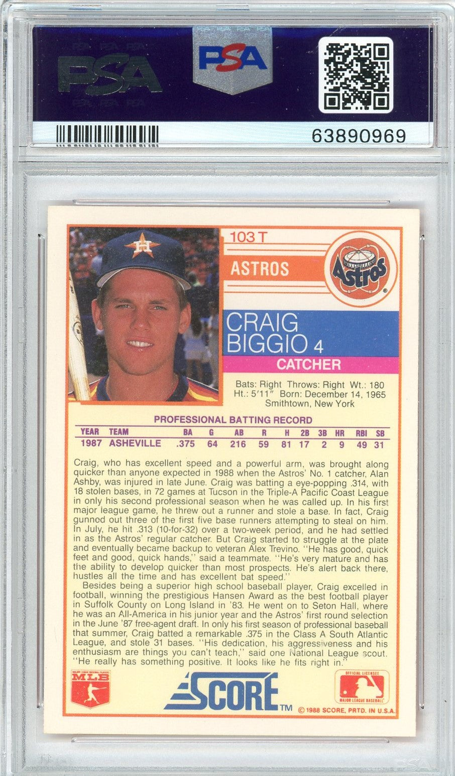 Graded 1988 Score Traded Craig Biggio #103T Rookie RC Baseball Card PSA 10 Gem Mint