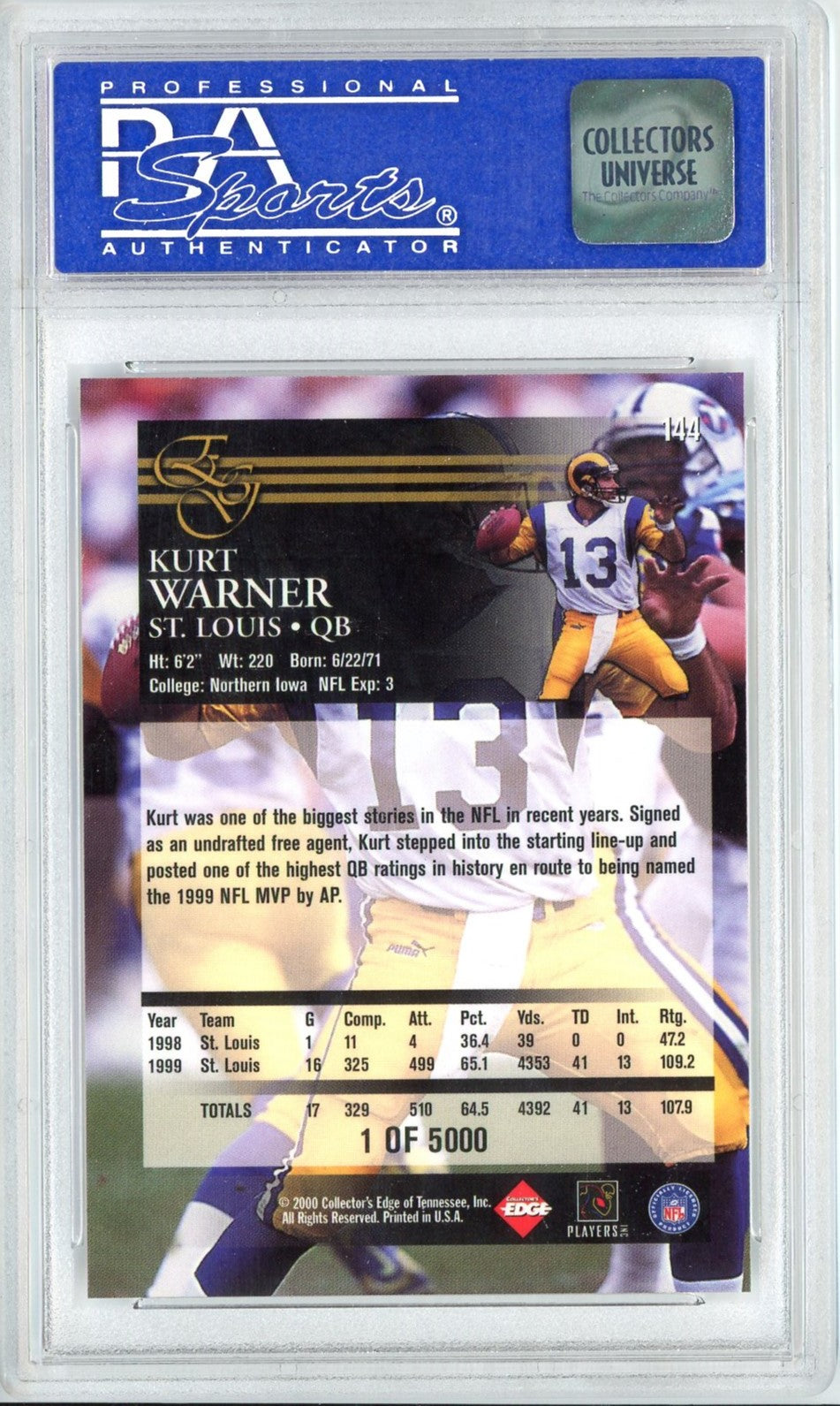 Graded 2000 Collector's Edge Graded Kurt Warner #144 Uncirculated Football Card PSA 10 Gem Mint