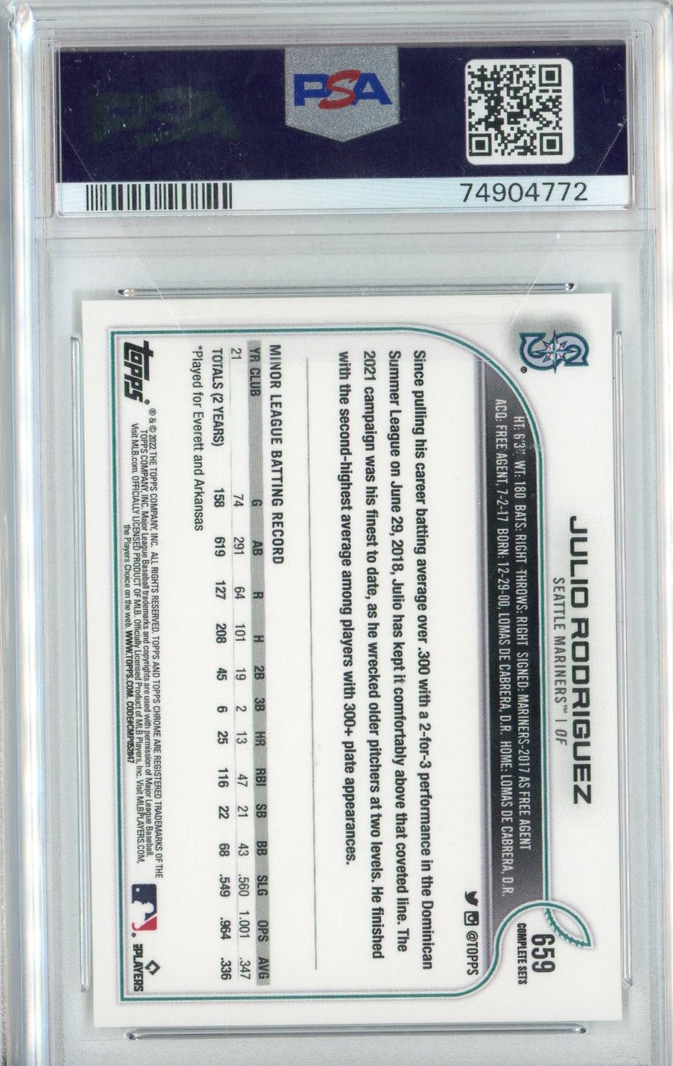 Graded 2022 Topps Complete Set Julio Rodriguez #659 582 Montgomery Club Rookie RC Baseball Card PSA 10 Gem Mint