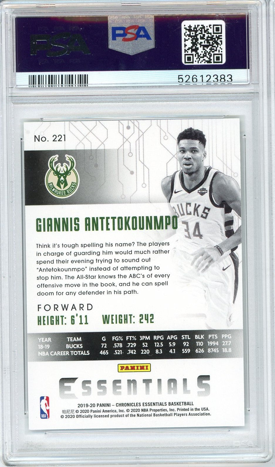Graded 2019 Panini Chronicles Giannis Antetokounmpo #221 Basketball Card PSA 10 Gem Mint