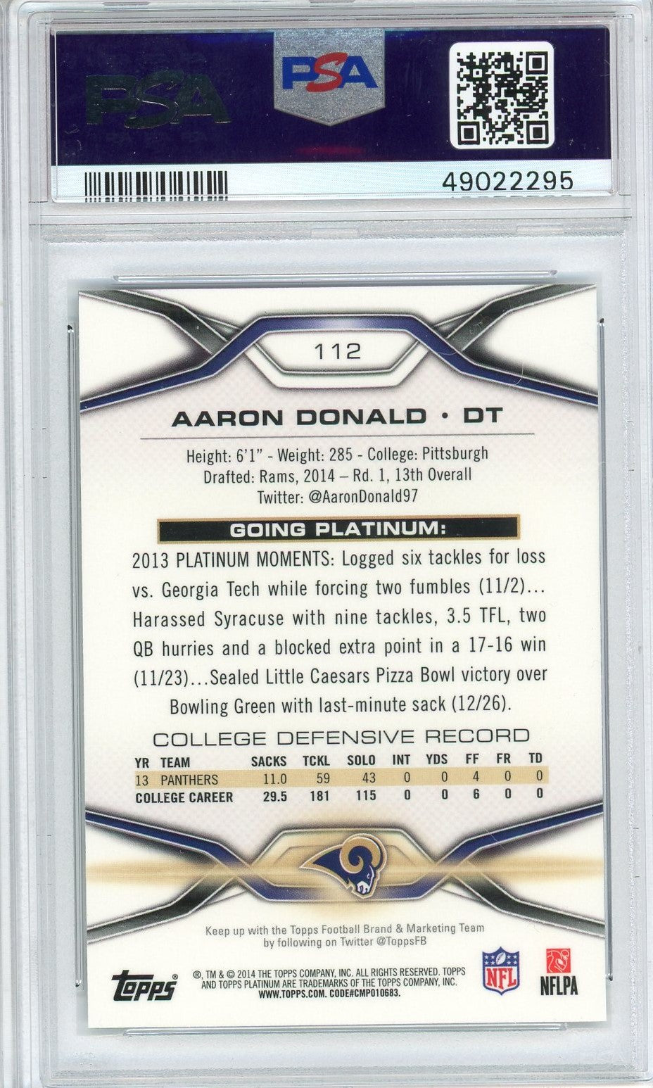 Graded 2014 Topps Platinum Aaron Donald #112 Rookie RC Football Card PSA 10 Gem Mint