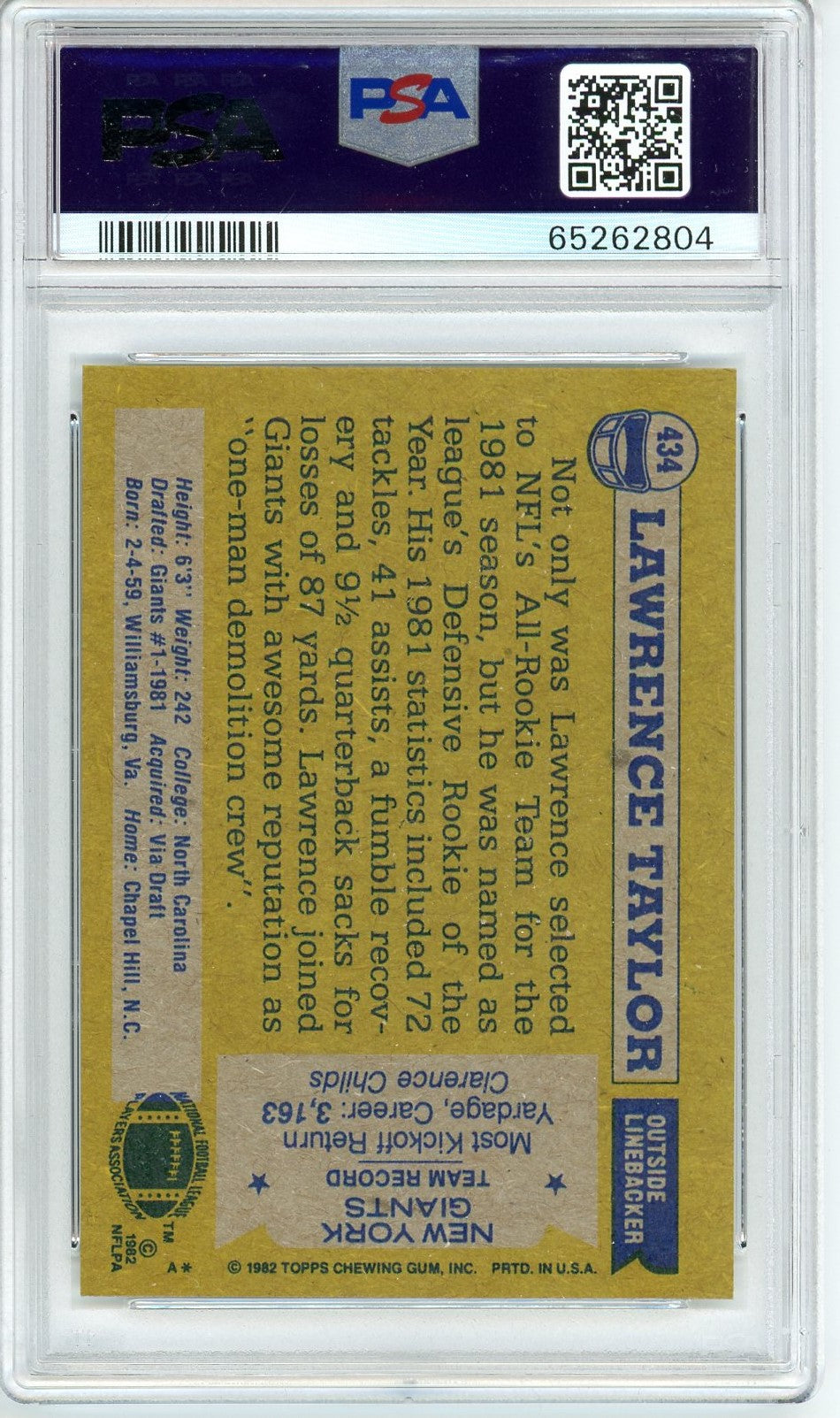 Graded 1982 Topps Lawrence Taylor #434 Rookie RC Football Card PSA 7 Near Mint