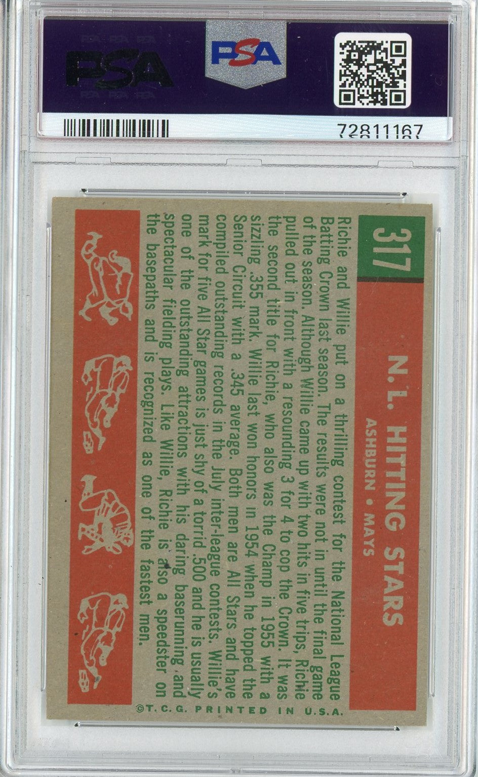 Graded 1959 Topps NL Hitting Kings Willie Mays Richie Ashburn #317 Baseball Card PSA 6 EX-MT