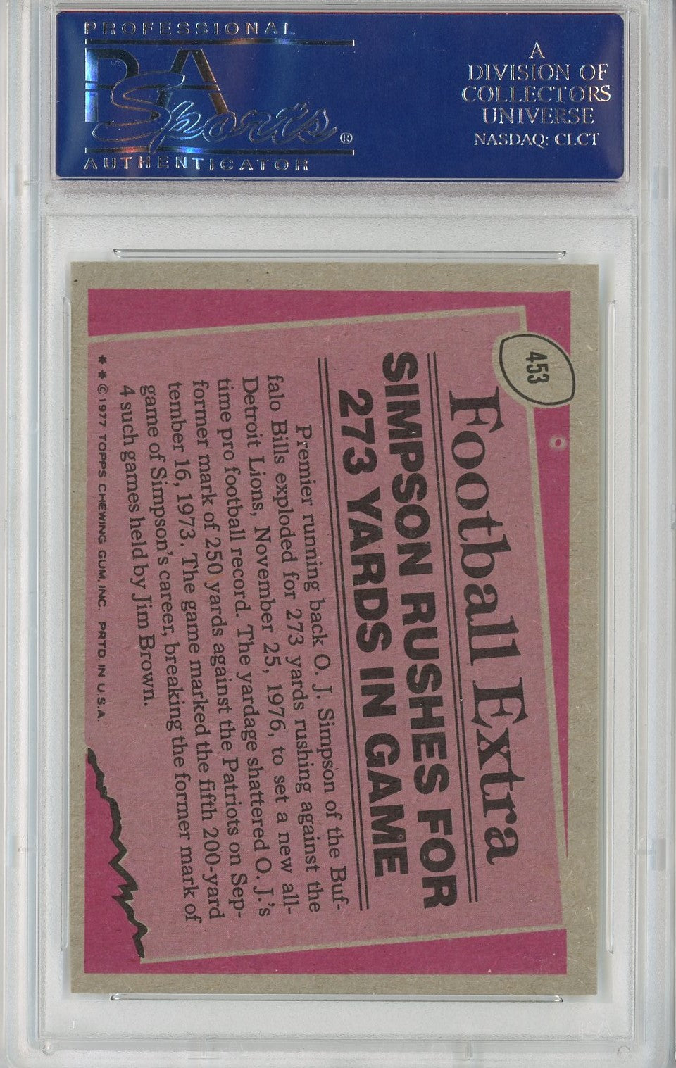 Graded 1977 Topps Record Breakers OJ Simpson #453 Football Card PSA 8 NM-MT