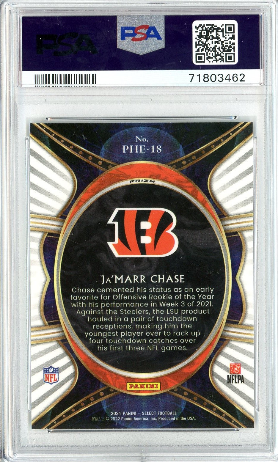 Graded 2021 Panini Select Ja'Marr Chase #PHE18 Phenomenon-Silver Prizm Rookie RC Football Card PSA 10 Gem Mint