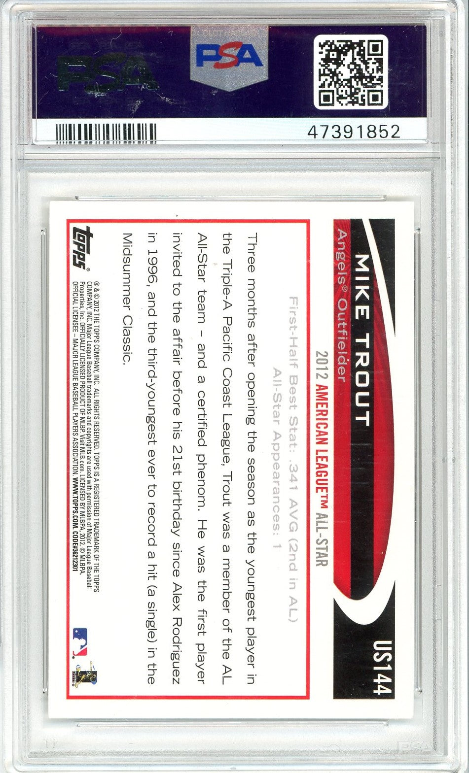 Graded 2012 Topps Update Mike Trout #US144 At Bat All-Star Game Rookie RC Baseball Card PSA 9