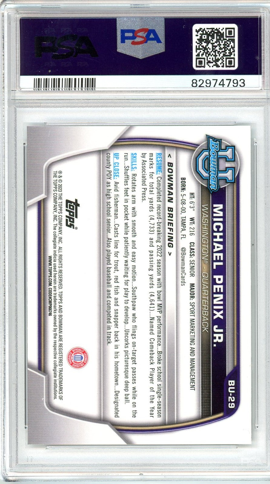 Graded 2023 Bowman Chrome U NSCC Michael Penix Jr. #29 Rookie RC Football Card PSA 10 Gem Mint