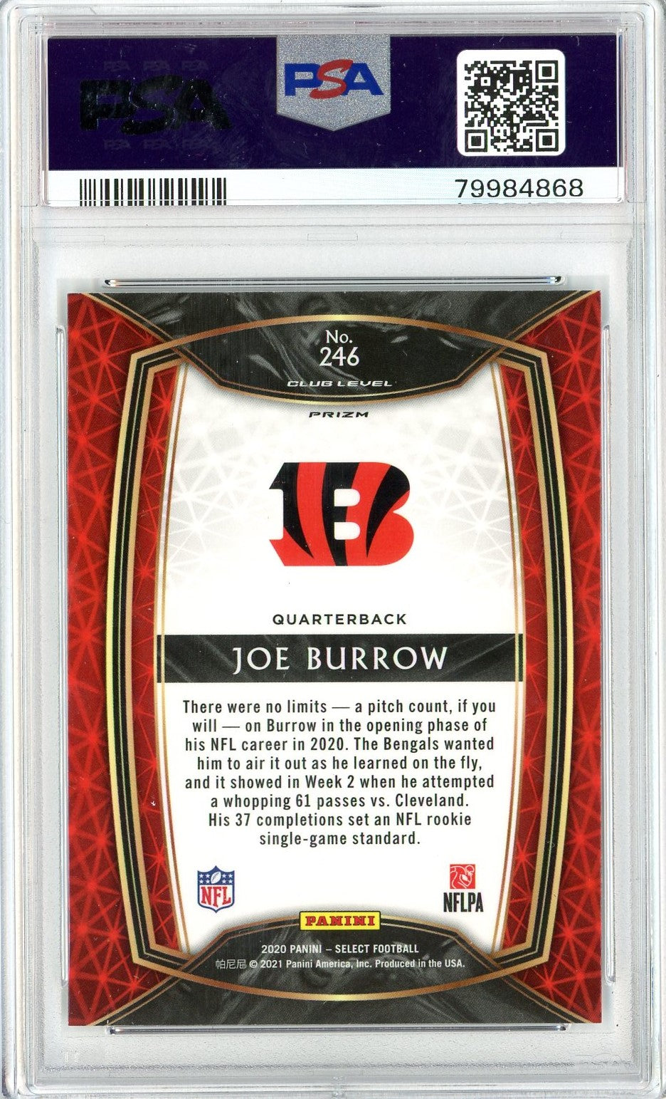 Graded 2020 Panini Select Joe Burrow #246 Silver Prizm Rookie RC Football Card PSA 10 Gem Mint