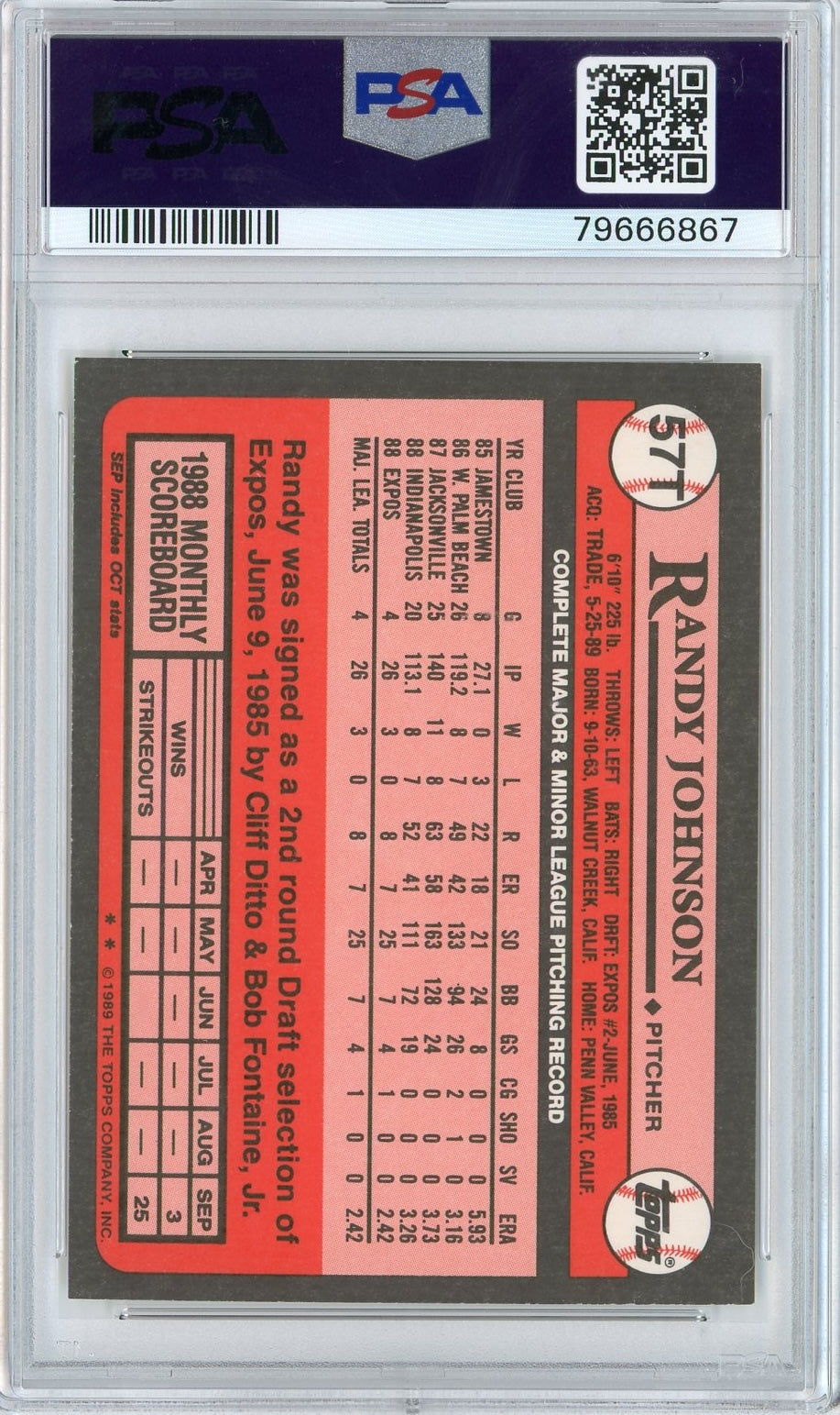 Graded 1989 Topps Traded Randy Johnson #57T Rookie RC Baseball Card PSA 9 Auto Grade Mint