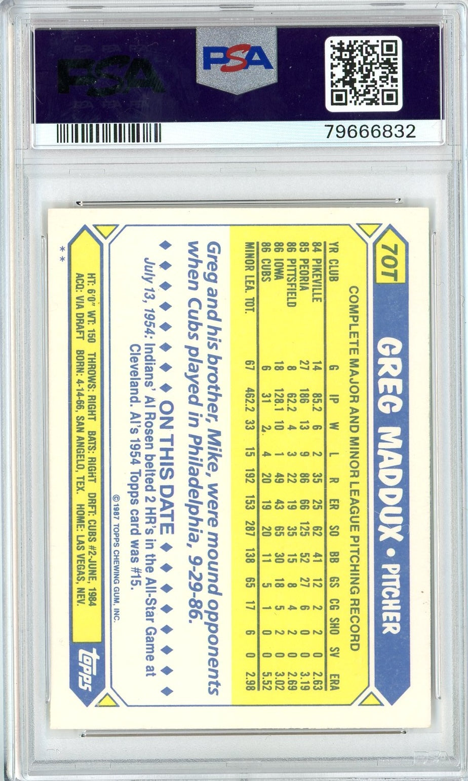 Graded 1987 Topps Traded Greg Maddux #70T Rookie RC Baseball Card PSA 10 Auto Grade Gem Mint