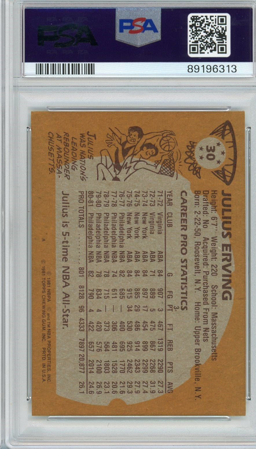 Graded 1981 Topps Julius Erving #30 Basketball Card PSA 8.5 NM-MT+