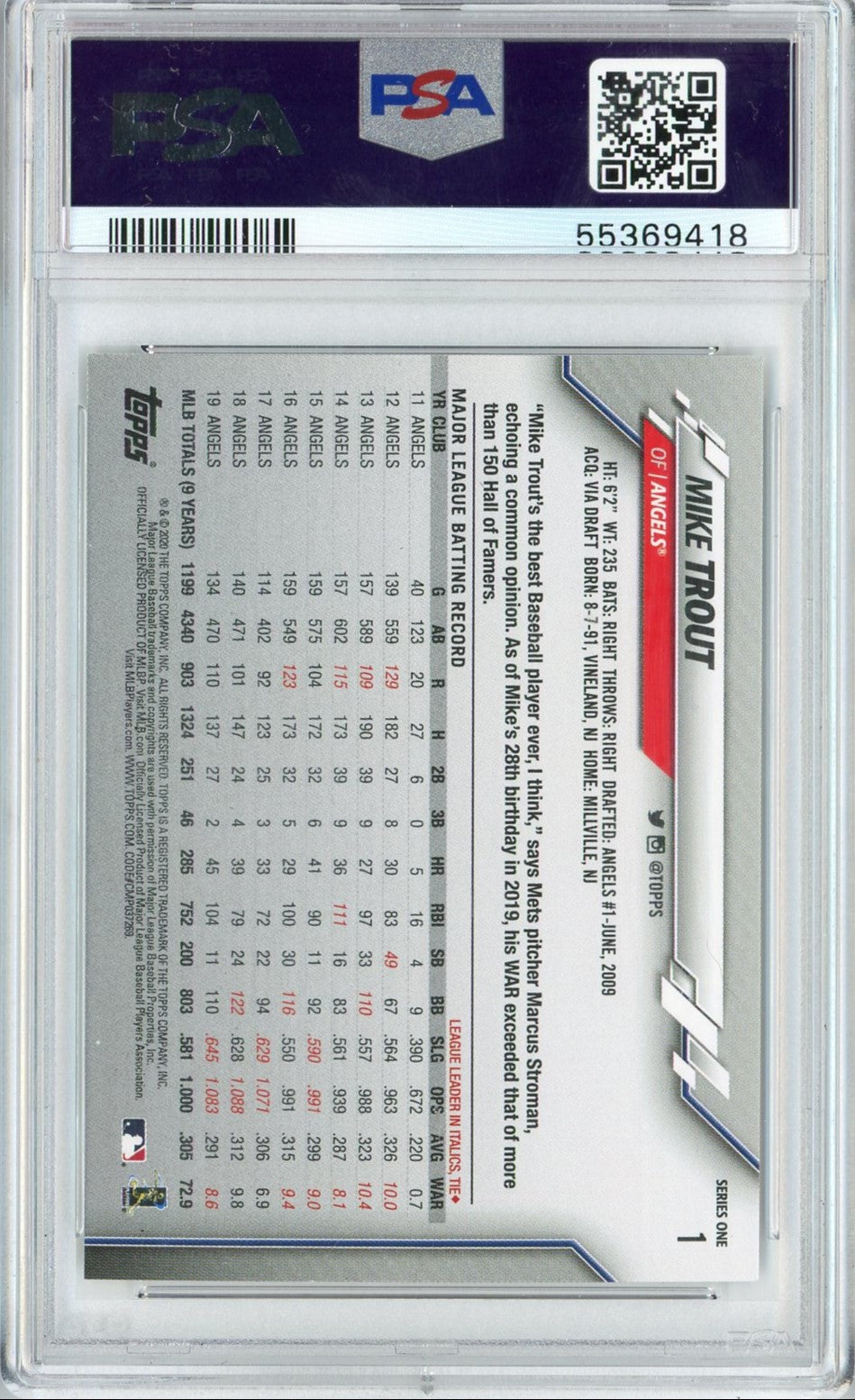Graded 2020 Topps Complete Set Mike Trout #1 Gold Stars Baseball Card PSA 10 Gem Mint