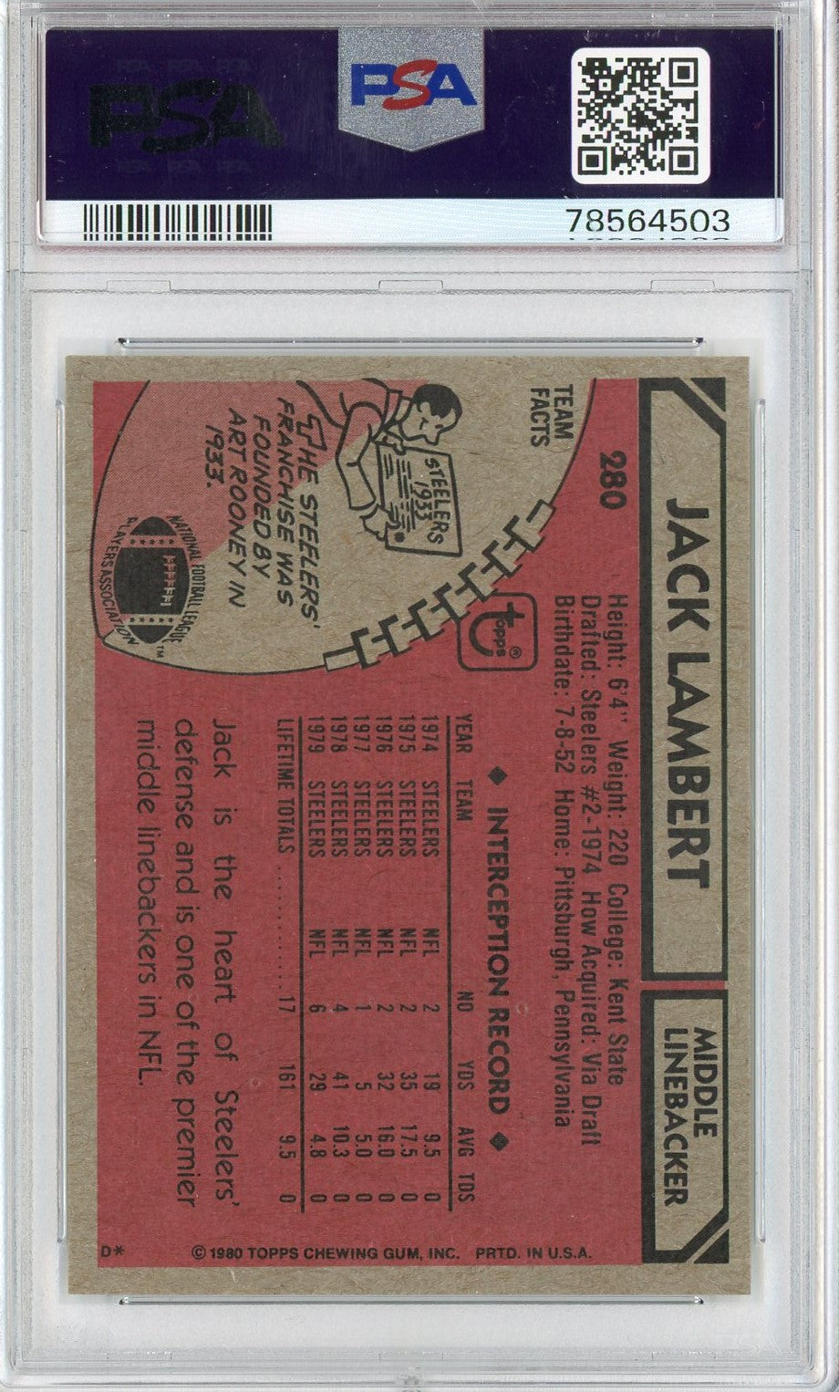 Graded 1980 Topps Jack Lambert #280 Football Card PSA 9 Mint