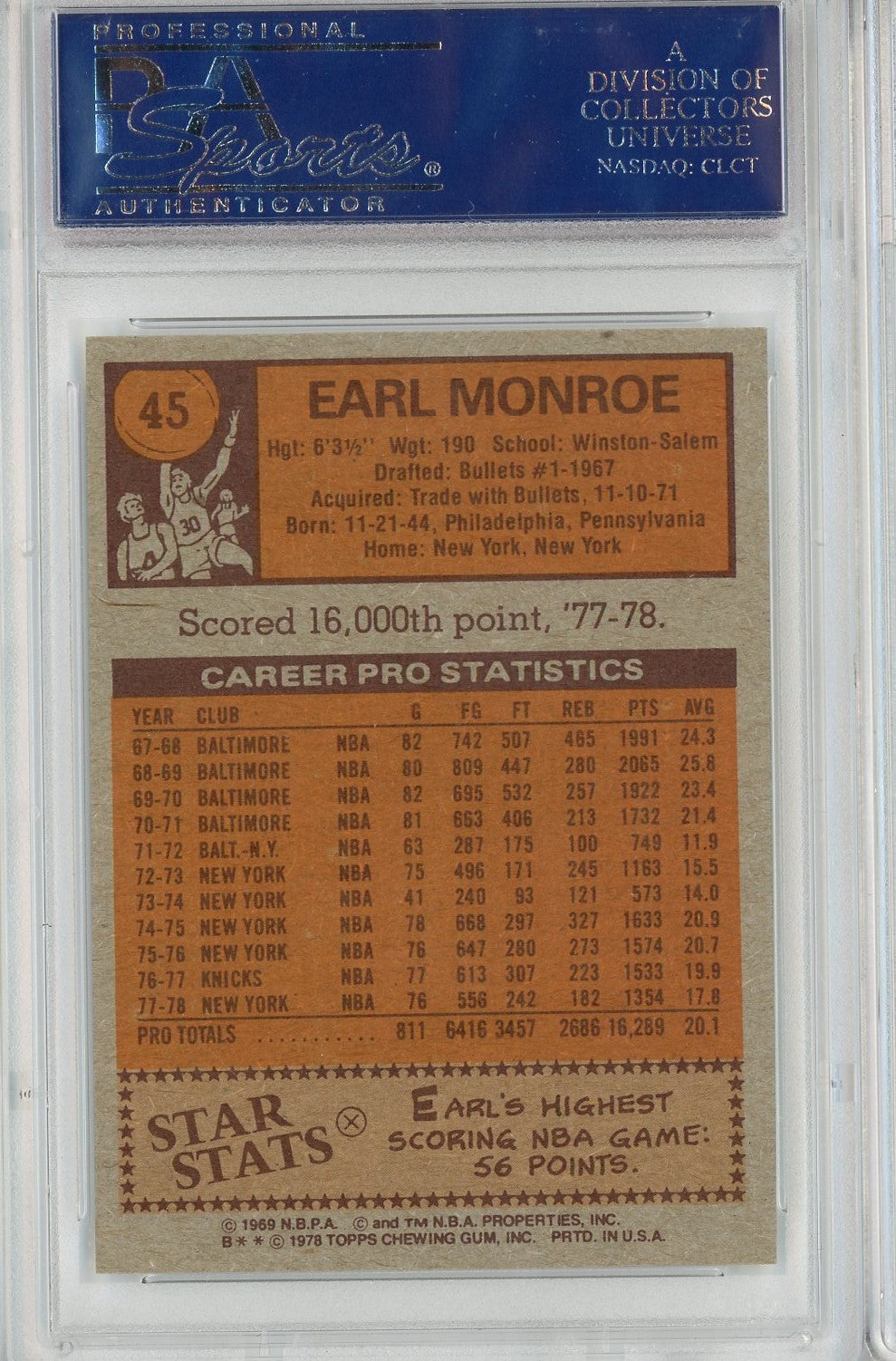 Graded 1978 Topps Earl Monroe #45 Basketball Card PSA 9 Mint