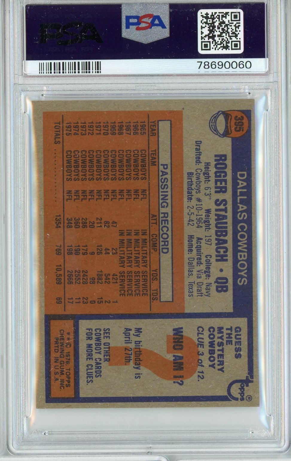 Graded 1976 Topps Roger Staubach #395 Football Card PSA 8 NM-MT