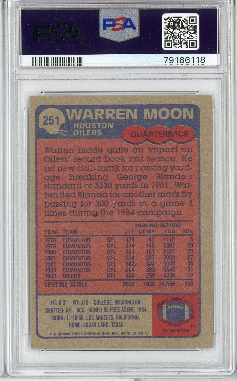Graded 1985 Topps Warren Moon #251 Rookie RC Football Card PSA 7 NM