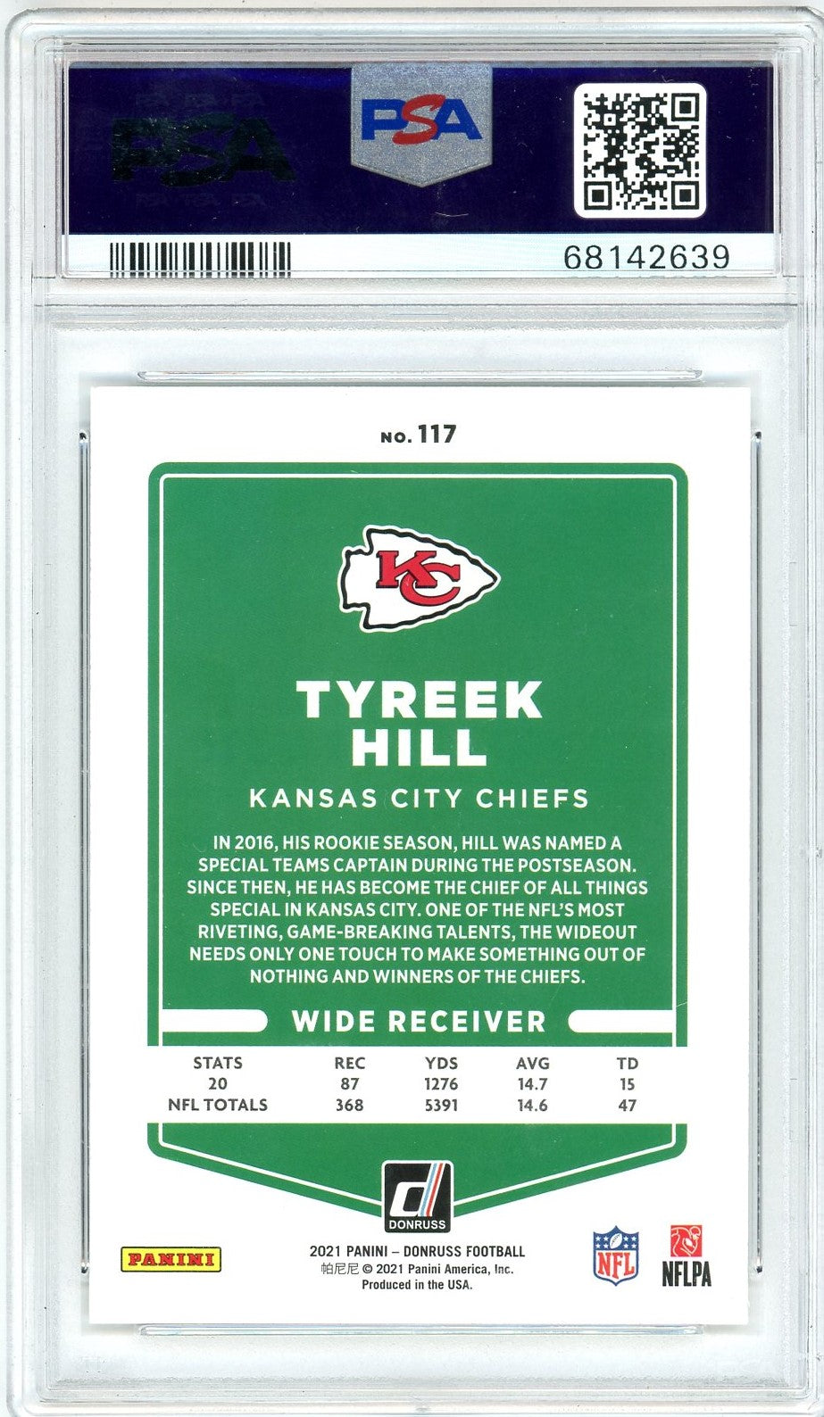 Graded 2021 Panini Donruss Tyreek Hill #117 Variation Football Card PSA 10 Gem Mint