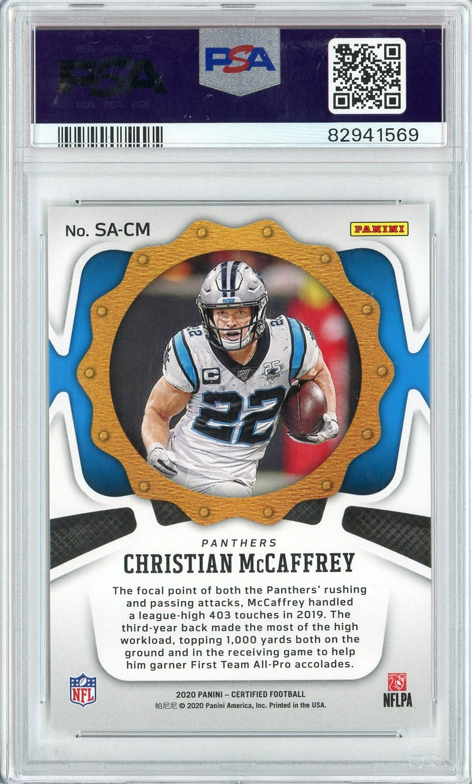 Graded 2020 Panini Certified Christian McCaffrey #SACM Seal Of Approval Football Card PSA 10 Gem Mint