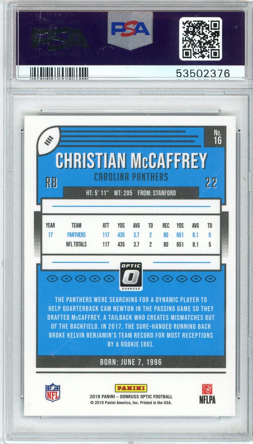 Graded 2018 Panini Donruss Optic Christian McCaffrey #16 Football Card PSA 10 Gem Mint