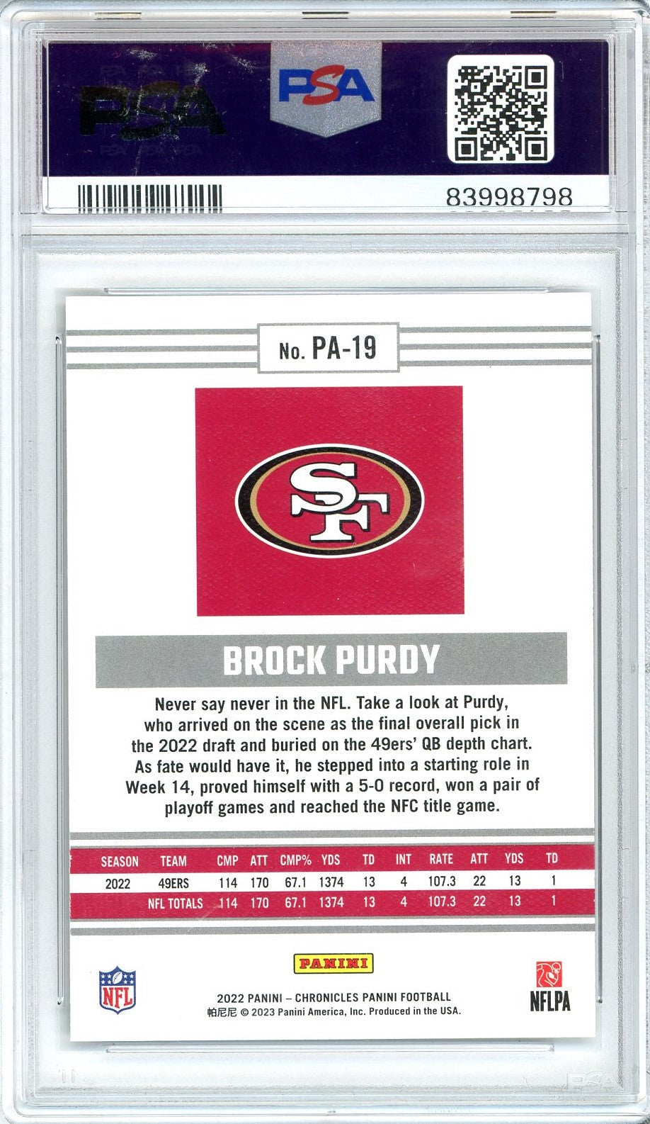 Graded 2022 Panini Chronicles Brock Purdy #PA19 Panini Rookie RC Football Card PSA 9 Mint