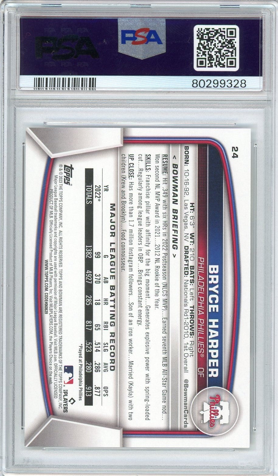 Graded 2023 Bowman Bryce Harper #24 Baseball Card PSA 10 Gem Mint