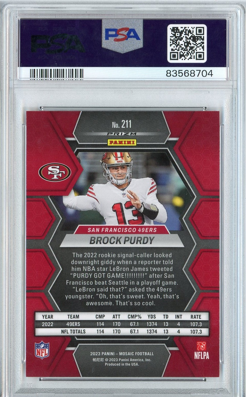 Graded 2023 Panini Mosaic Brock Purdy #211 Red Football Card PSA 10 Gem Mint