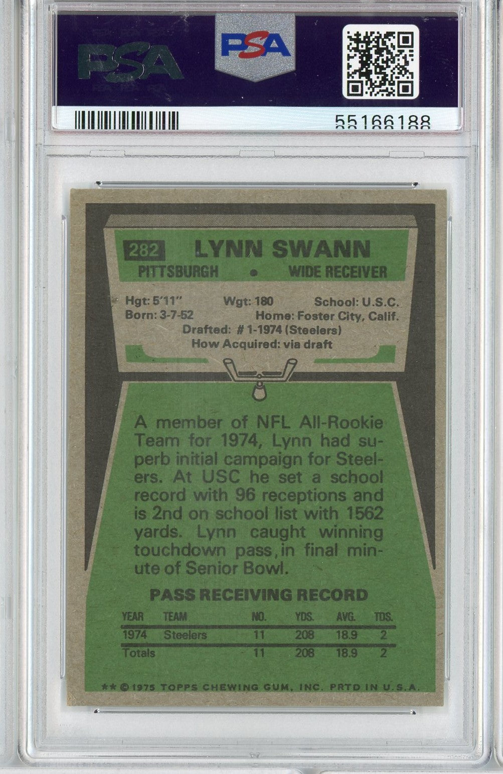 Graded 1975 Topps Lynn Swann #282 Rookie RC Football Card PSA 6 EX-MT