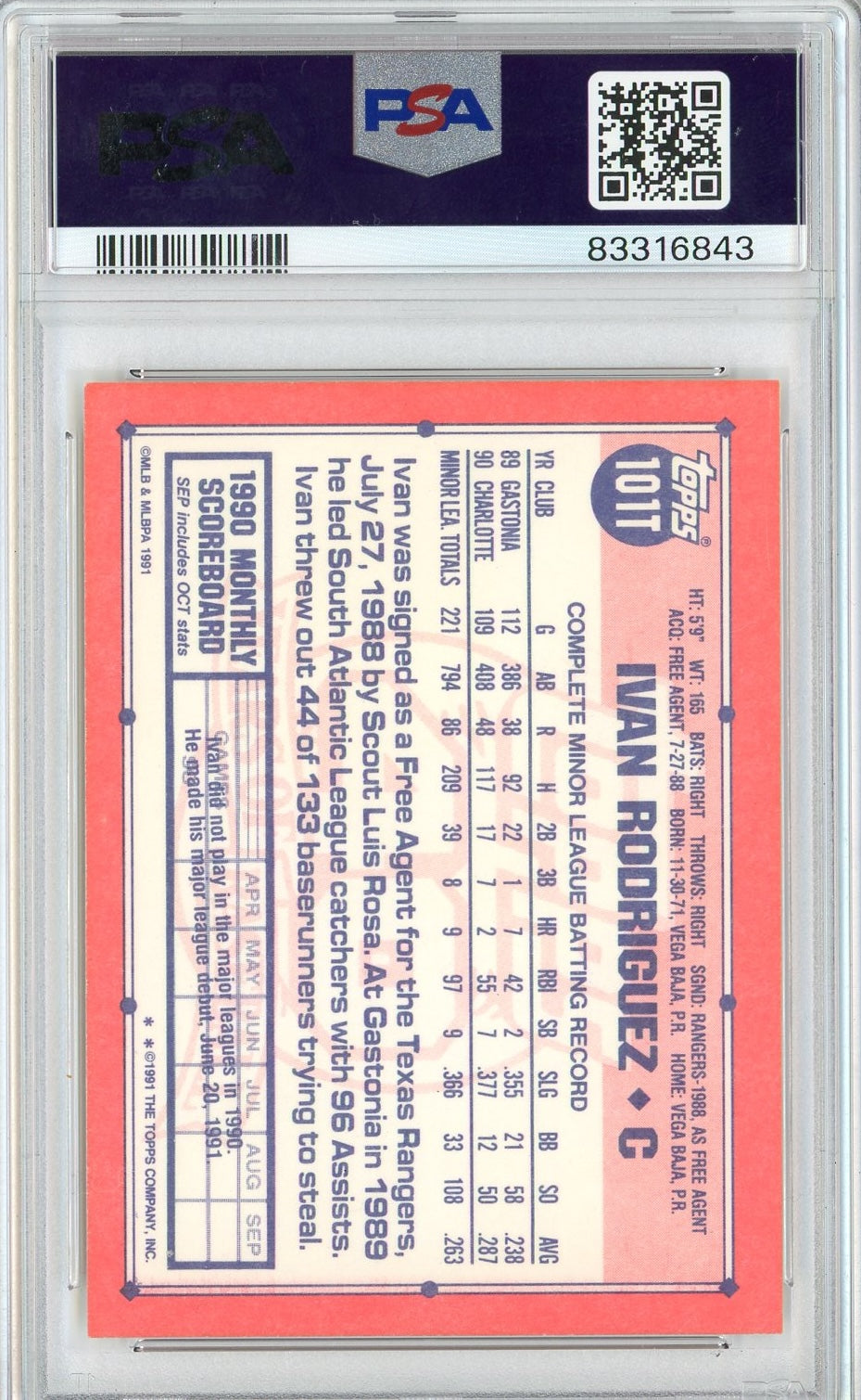 Graded 1991 Topps Traded Ivan Pudge Rodriguez #101T Rookie RC Baseball Card PSA 10 Auto Grade Gem Mint