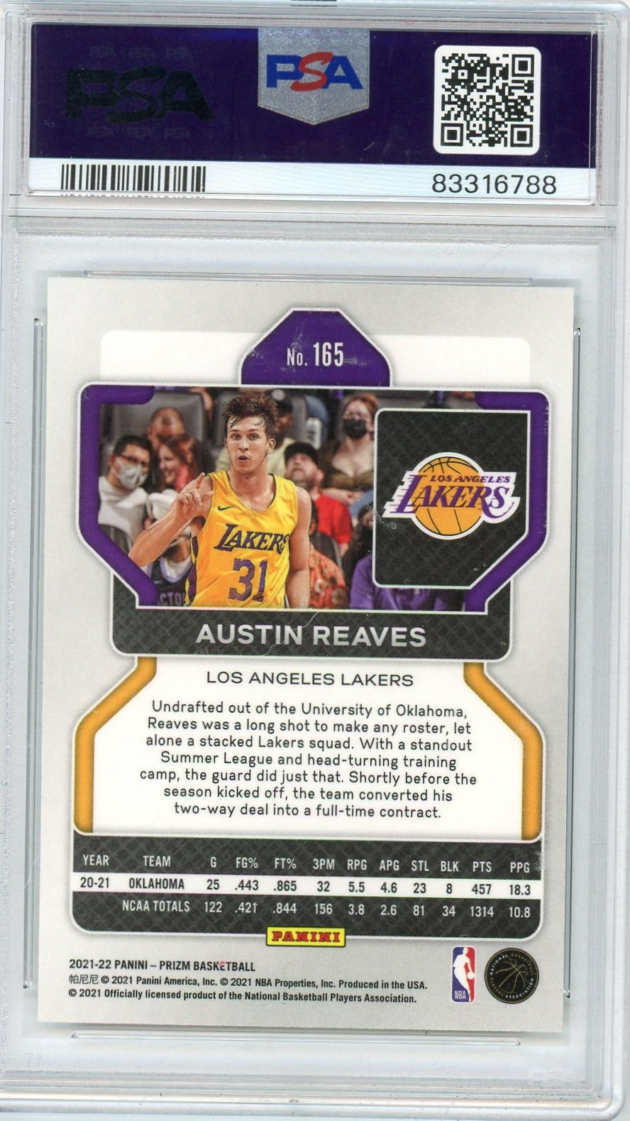 Graded 2021 Panini Prizm Austin Reaves #165 Rookie RC Basketball Card PSA 8 Auto Grade Near Mint