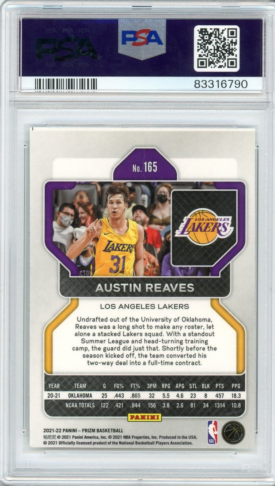 Graded 2021 Panini Prizm Austin Reaves #165 Rookie RC Basketball Card PSA 9 Auto Grade Mint
