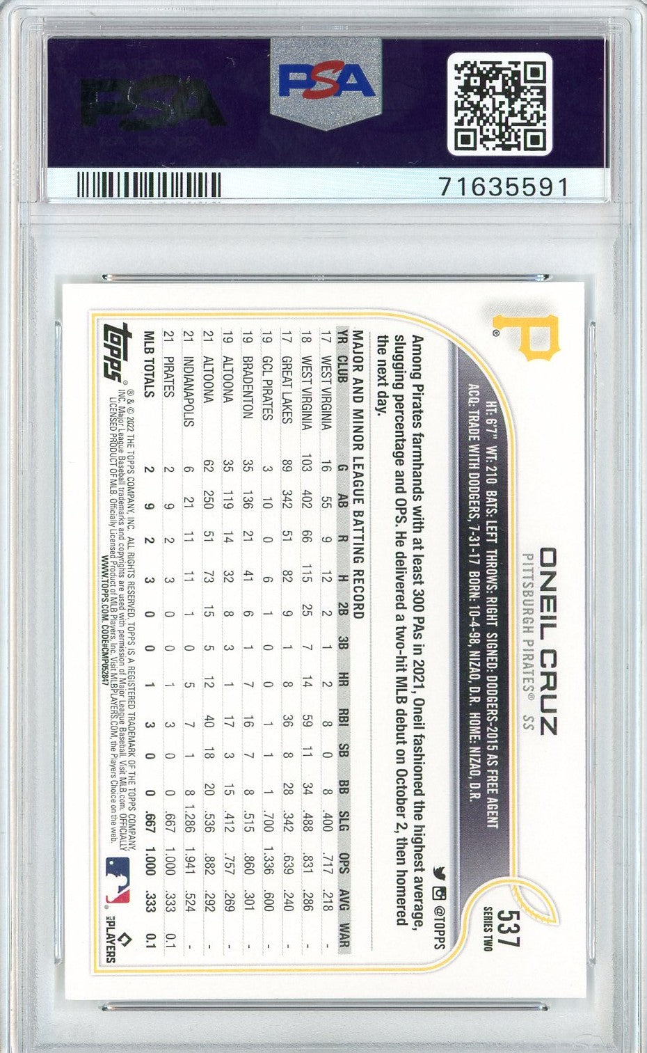 Graded 2022 Topps Oneil Cruz #537 Rookie RC Baseball Card PSA 10 Gem Mint