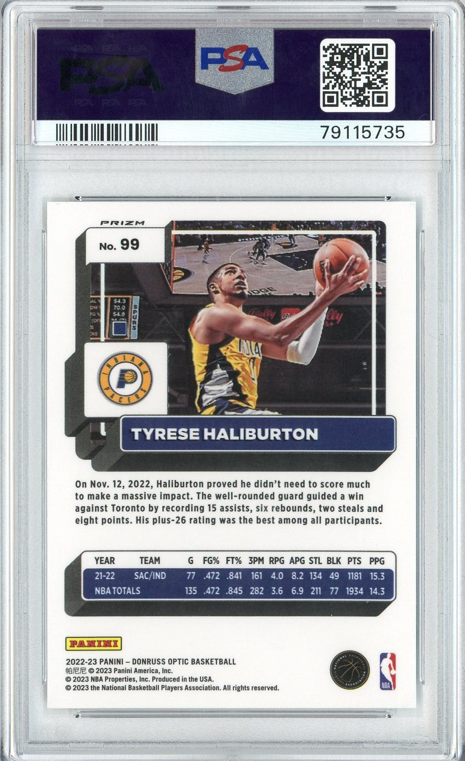 Graded 2022 Donruss Optic Tyrese Haliburton #99 Holo Basketball Card PSA 10 Gem Mint