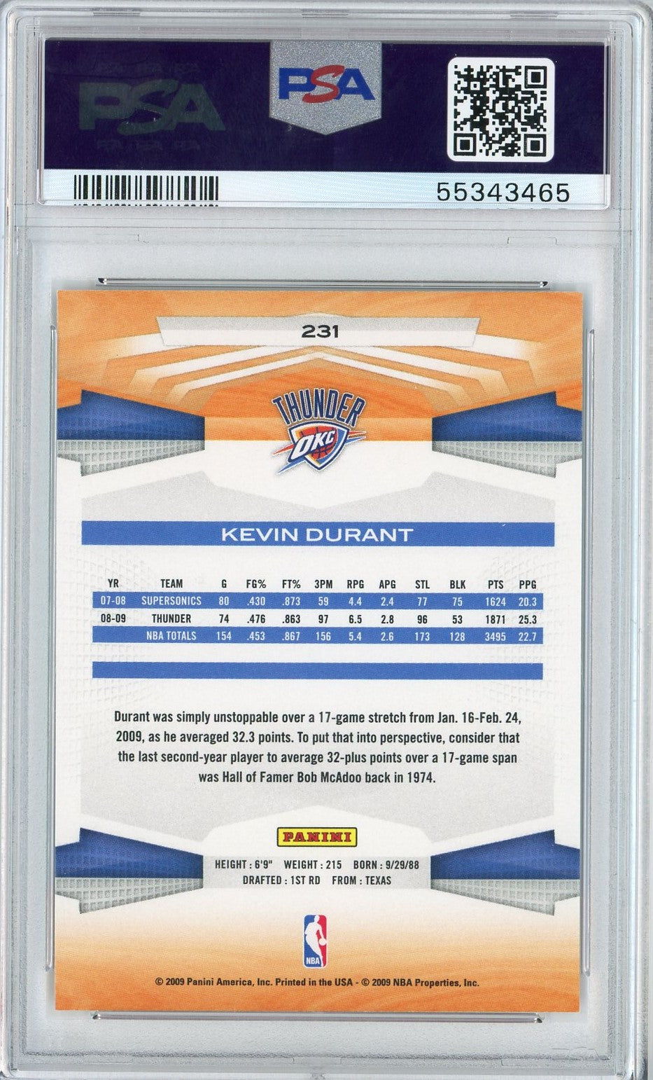 Graded 2009 Panini Kevin Durant #231 Basketball Card PSA 10 Gem Mint